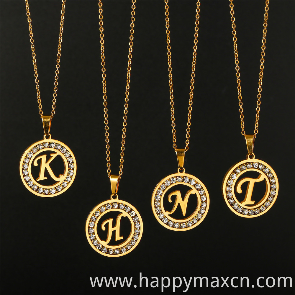 Fashion Jewelry 18k Gold Plated Hollow Round Alphabet Pendant Necklaces Cubic Zirconia Initial Necklace